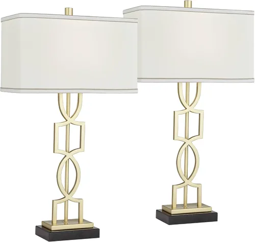 Vista 2 de 360 Lighting Evan - Juego de 2 lámparas de mesa modernas de 28 1/4 pulgadas de alto, marco geométrico de metal dorado, pantalla rectangular curvada