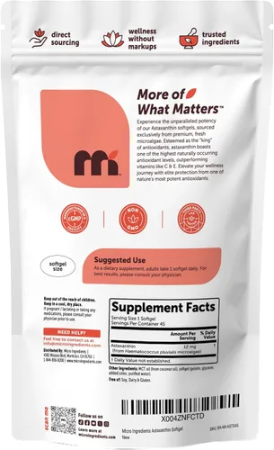 Vista 6 de Micro Ingredients Astaxantina de 12 mg con aceite MCT, 45 cápsulas blandas Suplementos antioxidantes de astaxantina premium* Fuente