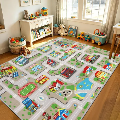 Vista 9 de Capslpad Alfombra Azul de Coche y Carretera para Niños, Alfombra de Juego para Sala de Juegos, Alfombra Antideslizante Lavable con Mapa de la Ciudad