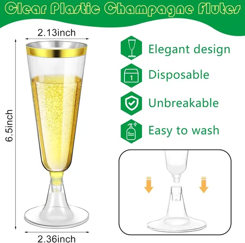 Vista 2 de Gerrii 300 copas de champán de plástico a granel, copas de champán desechables transparentes de 4.5 onzas, vasos de tostado con borde para boda