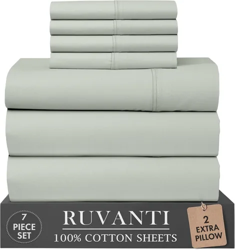 Vista 69 de RUVANTI Juego de sábanas de 4 piezas de algodón 100% natural de percal suave, ligero y transpirable, con bolsillos profundos de 16 pulgadas