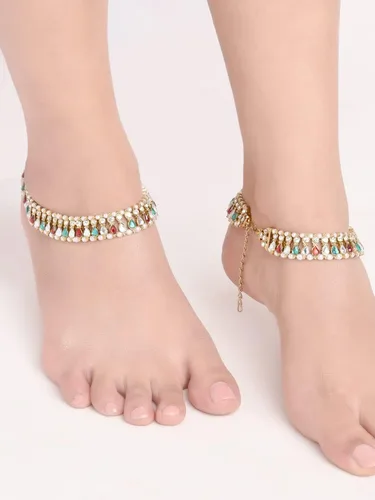 Vista 3 de Efulgenz Indian Bollywood Faux Kundan Pearl Wedding Bridal Anklet Pair with Bells Bracelet PayPal Foot Jewelry