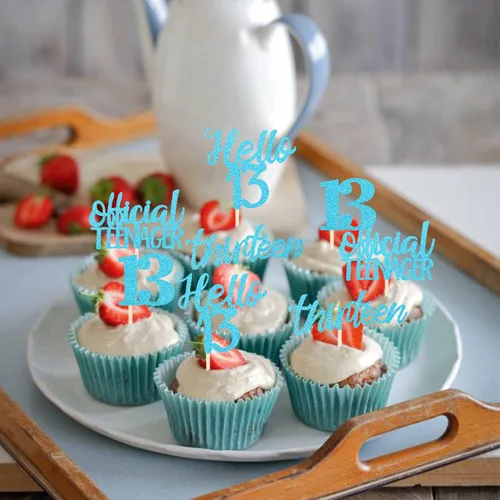 Vista 6 de 24 piezas de decoraciones oficiales para cupcakes de cumpleaños número 13 Hello 13 Thirteen Cupcake Picks 13th Birthday Cake Decor Supplies azul