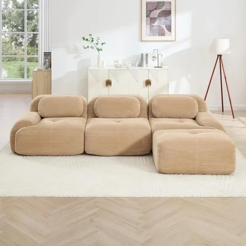 Vista 3 de Sofá moderno de pana en forma de nube de 116 pulgadas con otomana, sofás seccionales modulares grandes sin armazón en forma de L para sala de estar