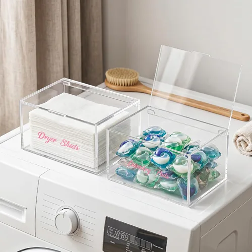 Vista 6 de Contenedor de hojas de acrílico para secadora para lavandería, dispensador de hojas de secadora con tapa para organización y decoración