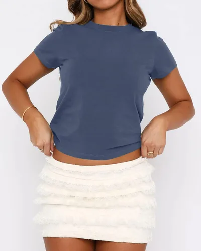 Vista 4 de Camisetas básicas de manga corta con cuello redondo para mujer de verano Y2K, lindas para salir, camisetas estilo bebé