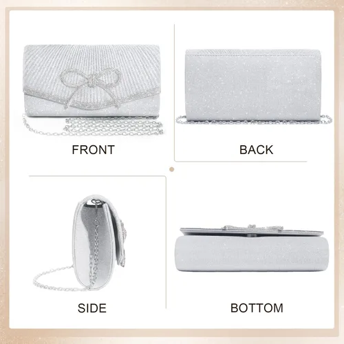 Vista 4 de Bolso de noche para mujer, bolsos de mano con lazo brillante, bolsa cruzada, bolsa de boda, fiesta de diamantes de imitación con purpurina