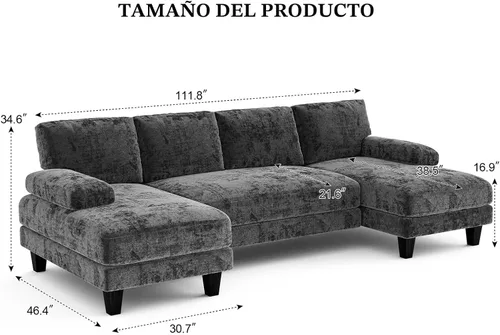 Vista 2 de Txtin's - Sofás seccional en forma de U para sala de estar, sofá modular de 111 pulgadas con chaise doble, sofá lounge grande para apartamento, gris