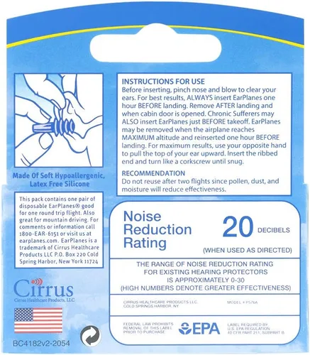 Vista 2 de EarPlanes Originales para Adultos de Cirrus Healthcare Tapones para los Oídos Protección Auditiva para Viajes en Avión (1 Par)