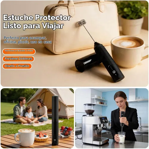 Vista 5 de TonJin Espumador de leche recargable de mano con cubierta de viaje, batidor eléctrico ajustable de 3 velocidades para café, café con leche