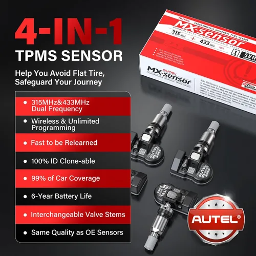 Vista 2 de Autel Juego de 4 sensores TPMS, sensor 1MX de 2 pulgadas 315 MHz + 433 MHz de frecuencia dual, sensor OEM de reemplazo 100% programable, funciona