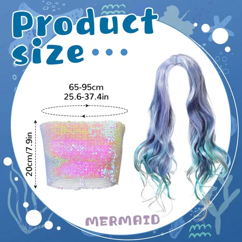 Vista 3 de Cindeer Disfraz de sirena de 3 piezas para mujer, incluye blusa corta de sirena con lentejuelas, parte superior metálica sin tirantes, falda