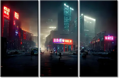 Vista 69 de Arte de pared de 3 piezas de escena de ciencia ficción de la calle comercial futurista paisaje urbano, decoración de pared para dormitorio