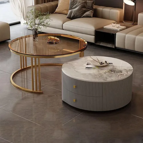 Vista 8 de Mesa de centro redonda anidable, mesas de centro redondas con almacenamiento para sala de estar, mesa de centro para sala minimalista, mesa