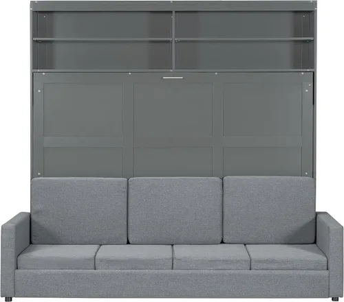 Vista 5 de Cama Murphy tamaño Queen, cama de madera Queen Murphy con sofá, cojín y estantes, gris