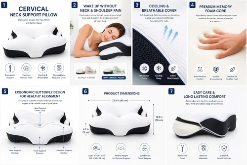 Vista 9 de Almohada cervical para dormir de lado, almohada ergonómica de espuma viscoelástica para aliviar el dolor de cuello y hombros, almohada ortopédica