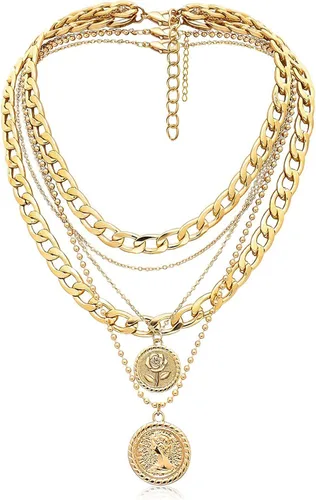 Vista 18 de MJartoria Collares de oro en capas para mujer, collar retro de moda con dije de moneda de flor de nacimiento, collar delicado y grueso para joyería