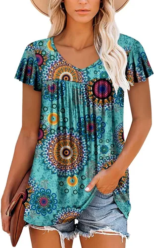 Vista 2 de ROSELINLIN Blusa de verano de manga corta con volantes y cuello en V para mujer