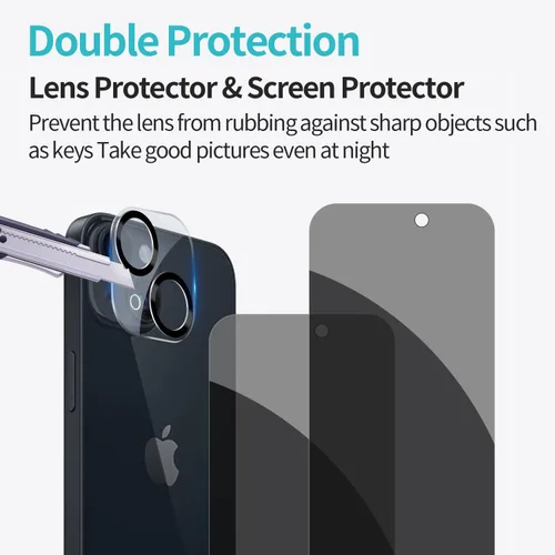 Vista 6 de PEHAEL - Paquete de 2 + 2 protectores de pantalla de privacidad para iPhone, protector de lente de cámara, cobertura completa, vidrio templado