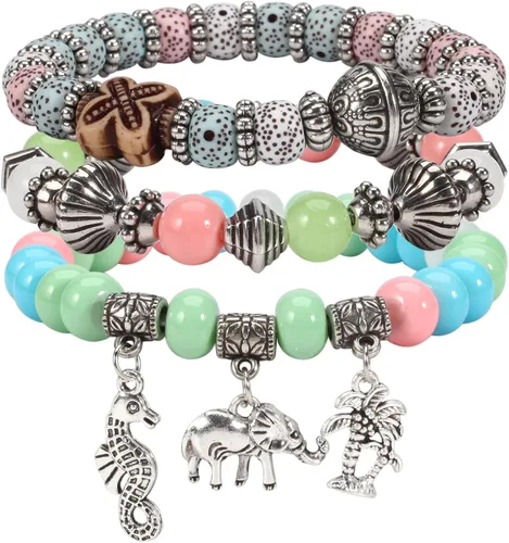 Vista 4 de Twinfree Pulseras bohemias para mujer, pulsera elástica de cuentas de colores multicapa con dije de joyería
