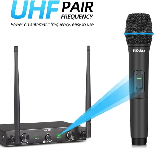Vista 3 de D Debra Audio AU200 Pro UHF Sistema de micrófono inalámbrico de 2 canales con micrófonos de diadema lavalier inalámbricos de mano, receptor