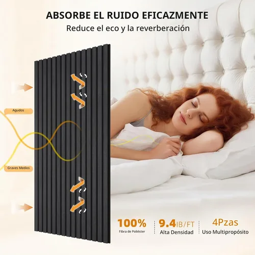 Vista 2 de Paneles de pared acústicos autoadhesivos, paneles acústicos a prueba de sonido de listones de madera para decoración de pared interior, paquete de 4