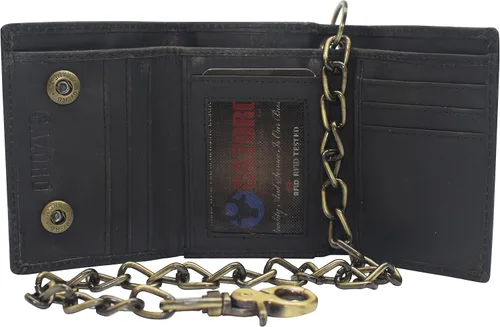Vista 22 de Billetera para hombre con bloqueo RFID, de cuero vintage, estilo motorista, de triple pliegue, con cierre de presión y cadena de bicicleta 51S Marrón