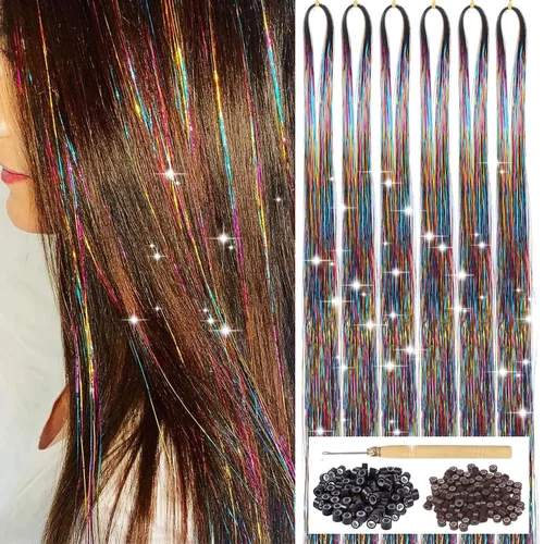 Vista 8 de Kit de oropel de cabello negro con herramienta, 6 piezas, 1200 hebras de extensiones de cabello de oropel con purpurina, resistentes al calor