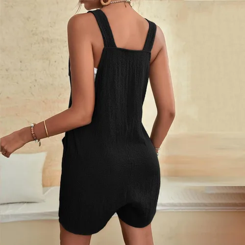 Vista 7 de Overol casual de verano para mujer, con cuello redondo, color liso, con bolsillos