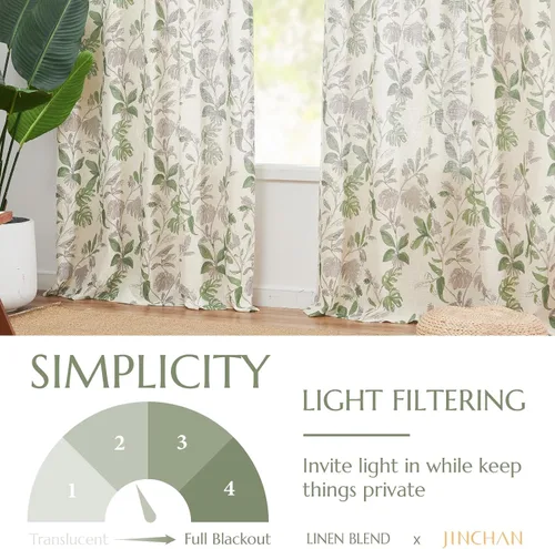 Vista 4 de Jinchan Cortinas de lino para sala de estar de 63 pulgadas de largo, con estampado de hojas tropicales, cortinas botánicas de lino estilo rústico