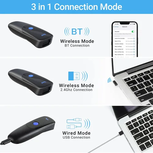 Vista 3 de Tera Pro Rendimiento Extremo Escáner de Código de Barras Inalámbrico 1D 2D QR Mini Portátil Pequeño 3-en-1 Compatible con Bluetooth y 2.4G