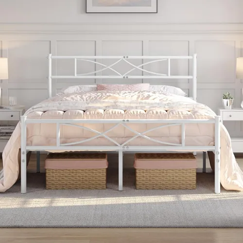 Vista 13 de Yaheetech Base de cama de metal individual, base de cama con plataforma, base de colchón con cabecera y estribo de diseño curvo, soporte resistente