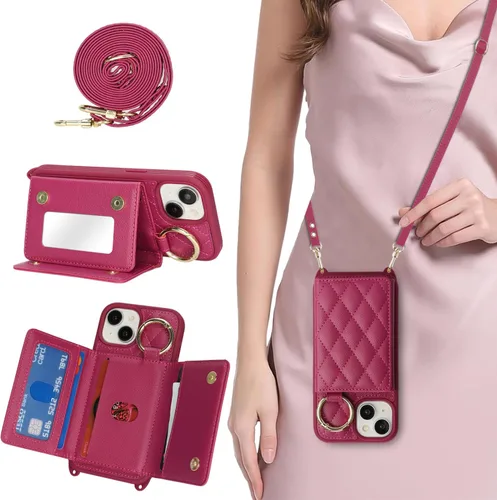 Vista 10 de Funda para iPhone 14 con tarjetero y correa para mujer, cordón cruzado, espejo de maquillaje, soporte de anillo, cierre a presión, bonitas fundas