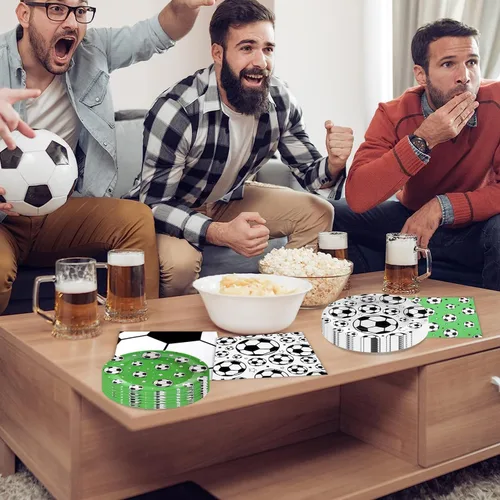 Vista 6 de 120 piezas de decoración de fiesta de fútbol, suministros de fiesta de cumpleaños de fútbol, juego de vajilla desechable con estampado de fútbol