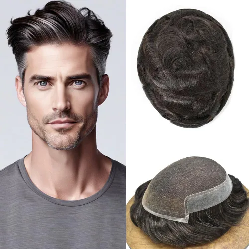 Vista 9 de Mens Toupee Remy Human Hair System For Men Bleached Knot Toupee Hair Piece For Men French Lace Toupee For Men Hairpiece 8X10#17 Dark Ash Blonde 90%