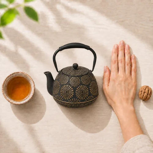 Vista 6 de Tetera de hierro fundido, hervidor de té de 40 onzas con infusor para estufa, diseño Sakura, tetera japonesa para hojas sueltas con interior Negro
