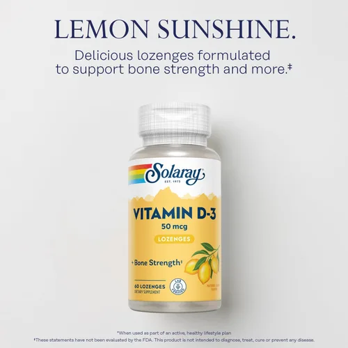 Vista 3 de SOLARAY Pastillas de vitamina D3 de 50 mcg – 2000 UI de vitamina D3 – Huesos fuertes, apoyo muscular e inmunológico – Sabor natural de limón