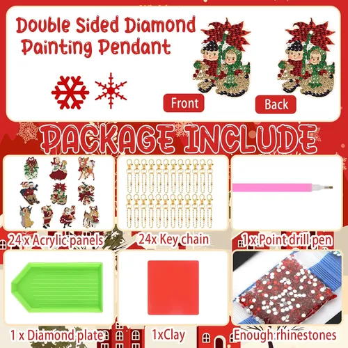 Vista 5 de Outus 24 llaveros de pintura de diamantes de Navidad vintage de doble cara para bricolaje, arte de diamantes vintage, Papá Noel, reno, muñeco