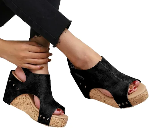 Vista 5 de Yimin Sandalias de cuña bohemias, sandalias de tacón de cuña con punta abierta, de piel sintética, con remaches, para mujer, parte inferior de goma