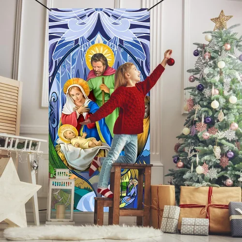 Vista 5 de Decoraciones de Navidad, cubierta de puerta de Navidad, cubierta de puerta de pesebre, escena religiosa, pancarta de puerta delantera de Navidad