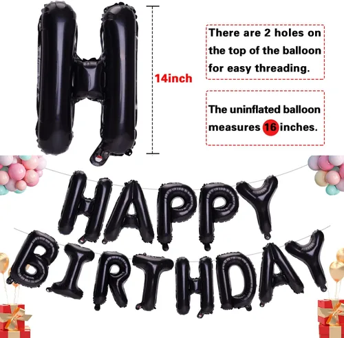 Vista 3 de Accevo Cartel de globos negros con letras Happy Birthday, 16 pulgadas, papel de aluminio, letras 3D, feliz cumpleaños para niños, adultos, unisex