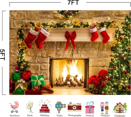 Vista 2 de Telón de fondo de diseño de chimenea de Navidad con decoraciones de regalos, árbol y calcetines (7 x 5 pies), suave, duradero, para sesión de fotos
