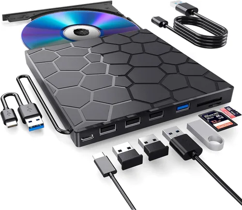 Vista 14 de BPAKDU - Unidad externa de CD/DVD para laptop, grabadora de CD ultra delgada, concentrador USB 3.0 con 4 puertos USB, 2 ranuras para tarjetas TF/SD