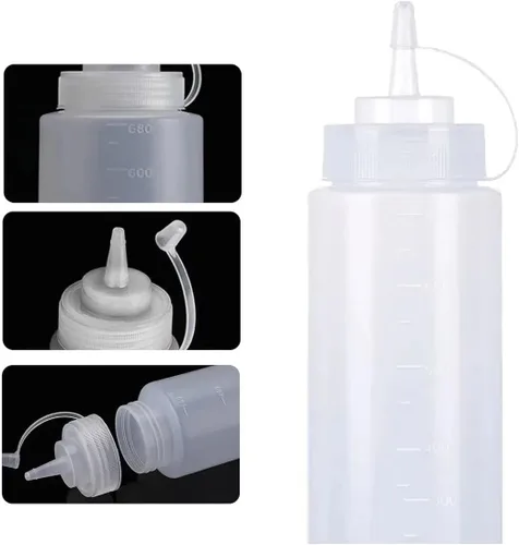 Vista 7 de Paquete de 3 botellas de condimento de plástico de 24 onzas con tapas de tapa, perfectas para condimentos, aceite, salsas, glaseado y líquidos