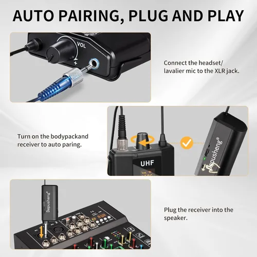 Vista 3 de Depusheng Sistema de auriculares inalámbricos UHF - Sistema de micrófono inalámbrico con micrófonos de solapa Lavalier, rango de 200 pies, enchufe