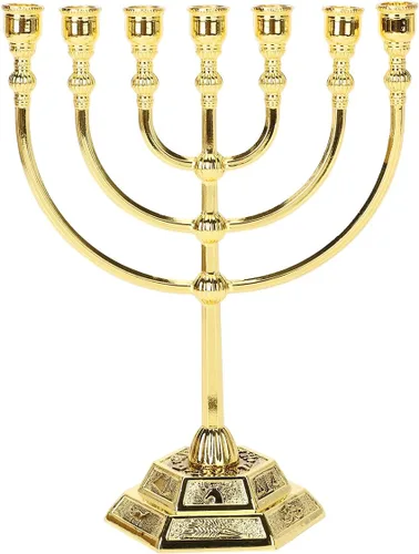 Vista 8 de Menorá 12 Tribus de Israel, soporte de velas judío, templo de Jerusalén, 7 ramas (12.7 cm, dorado)