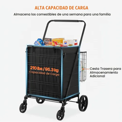 Vista 3 de VEVOR Carrito de compras plegable con forro impermeable extraíble, carrito de comestibles jumbo de gran capacidad de 330 libras con canasta doble