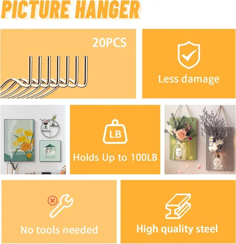 Vista 5 de FURHUA Paquete de 20 ganchos súper resistentes para cuadros y oficina, ganchos para pared para colgar imágenes, ganchos de pared, perchas