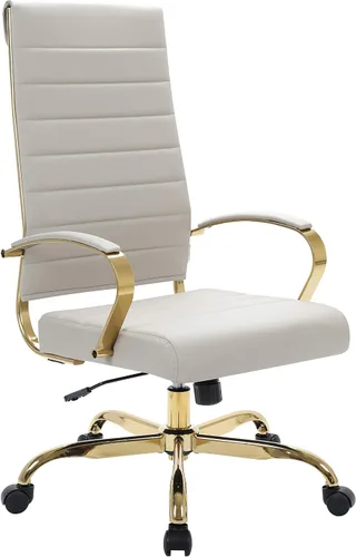 Vista 15 de LeisureMod Silla de oficina moderna de cuero con respaldo alto, silla de escritorio ejecutiva giratoria y ajustable con marco dorado, diseño Blanco