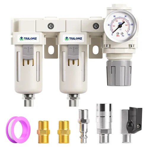 Vista 21 de TAILONZ PNEUMATIC Regulador de presión de filtro de aire de drenaje automático NPT de 1/2 pulgada Combo Piggyback, filtro compresor de herramienta
